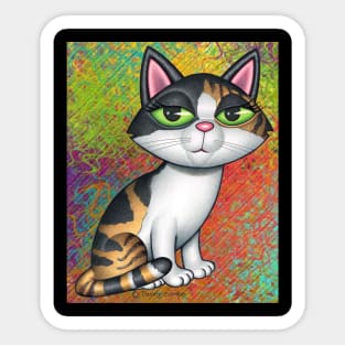 Cute Calico Kitty on green, red, purle, and yellow swirls Sticker